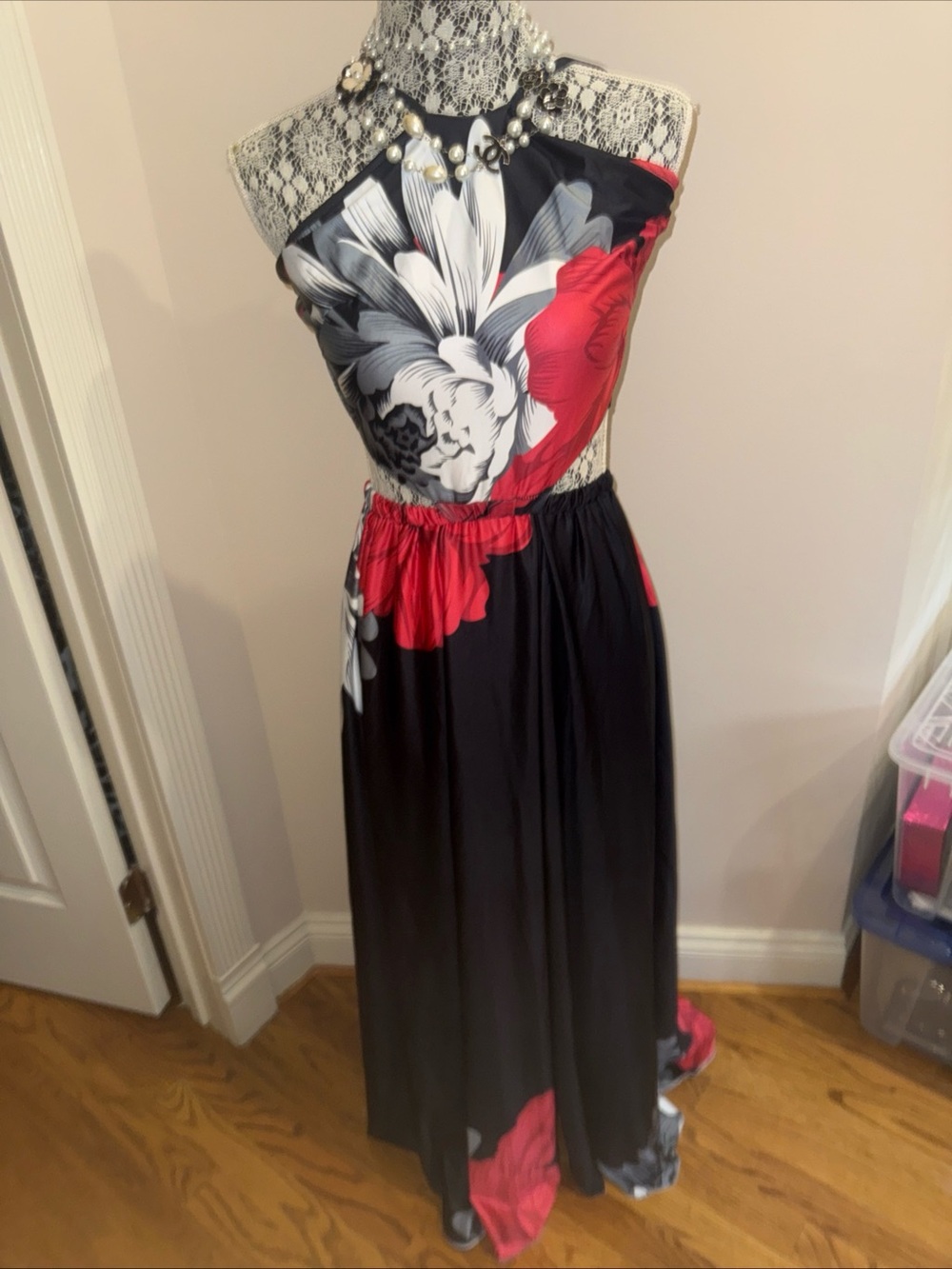 One-Shoulder Black Maxi Dress with Red & White Floral Design